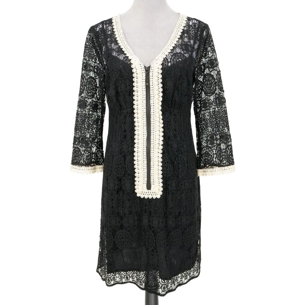 Nanette Lepore Dress Womens 8 Black Cotton Linen Lace Ivory Trim Lined Sheath